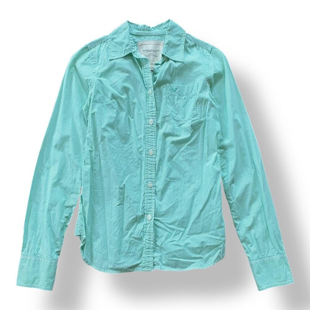 American Eagle Vintage Striped Button Down Womens Size 2 Green‎ White Preppy